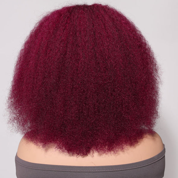 Klaiyi Burgundy Afro Curly Short Bob Wig With Bangs Red Hair with Breathable Cap