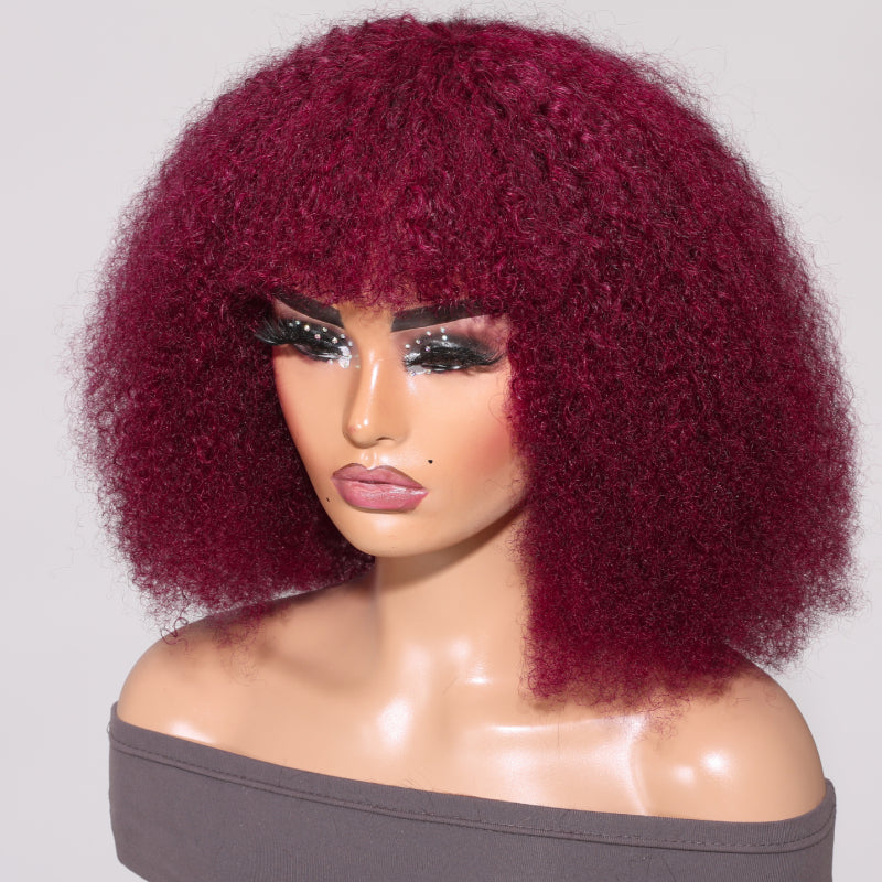 Klaiyi Burgundy Afro Curly Short Bob Wig With Bangs Red Hair with Breathable Cap