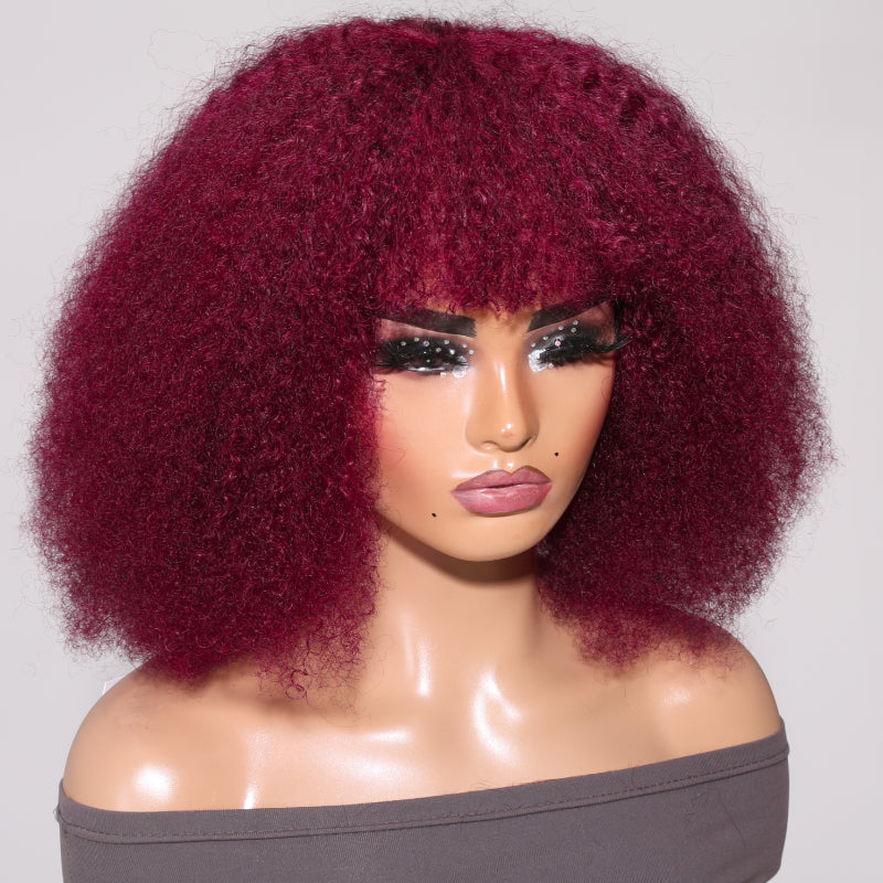 Klaiyi Burgundy Afro Curly Short Bob Wig With Bangs Red Hair with Breathable Cap