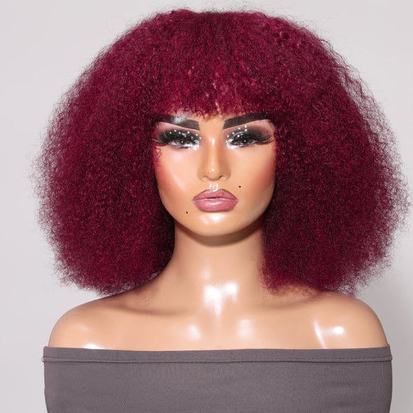 Klaiyi Burgundy Afro Curly Short Bob Wig With Bangs Red Hair with Breathable Cap
