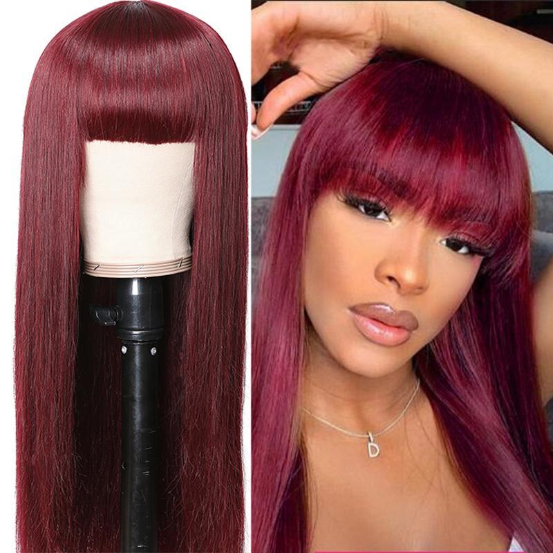 Klaiyi 99j Burgundy Color Straight Wigs With Bangs For Women 100% Virgin Human Hair Wigs