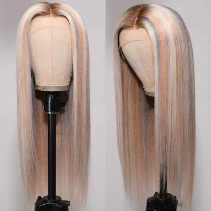 Klaiyi Platinum Blonde Highlight 13x4 Lace Front Straight Wig Human Hair Wig Grey Blonde Highlights Flash Sale