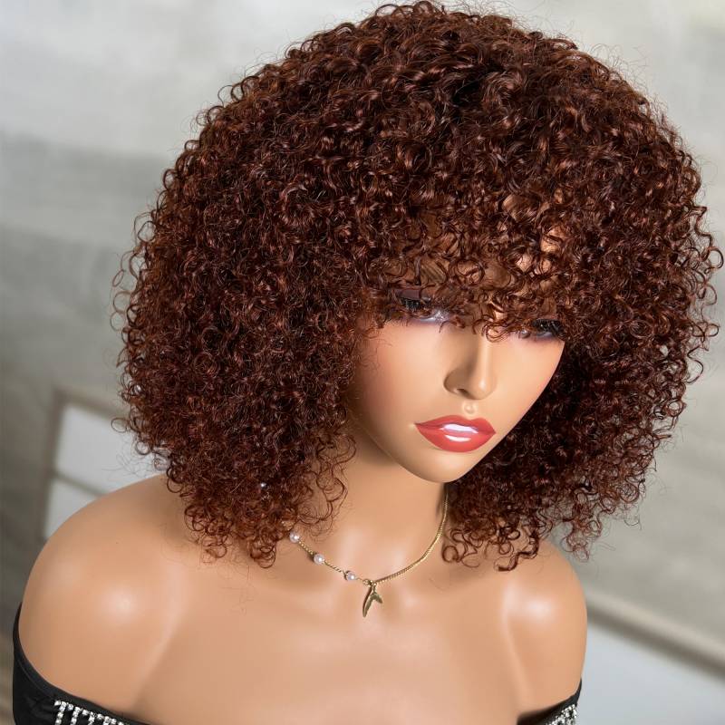 Klaiyi Glueless Ready To Wear Dark Auburn Short Curly Afro Wig With Bangs Machine Made Human Hair Wigs