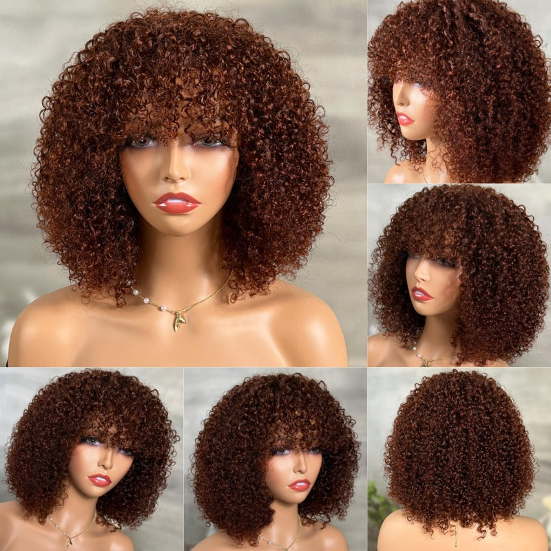 Klaiyi Glueless Ready To Wear Dark Auburn Short Curly Afro Wig With Bangs Machine Made Human Hair Wigs