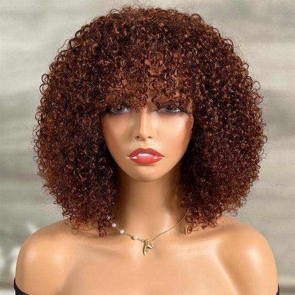 50% OFF | Glueless Dark Auburn Short Curly Afro Wig With Bangs Machine Made Wig Flash Sale