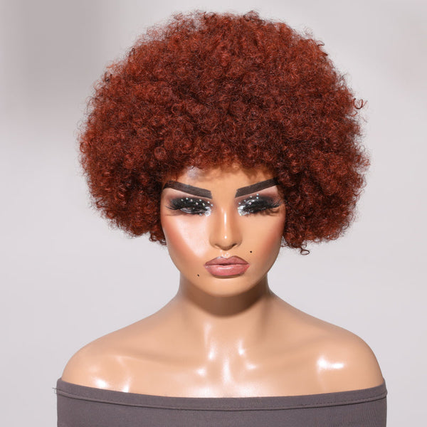 Klaiyi Reddish Brown Afro Bob Wig With Bangs Machine Made Glueless Human Hair Wig Flash Sale