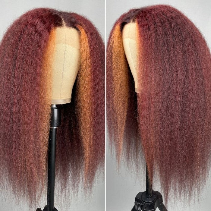 Klaiyi Burgundy Highlight Kinky Straight Wig with Orange Stripes Lace Front Wig