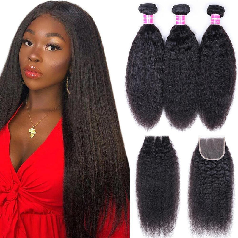 Klaiyi Hair Malaysian Kinky Straight Hair 3 Bundles with 4*4 Lace Closure 100% Human Hair Weaving