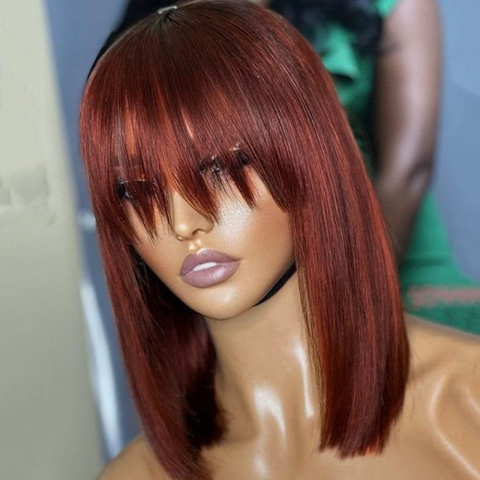 Klaiyi Hair Reddish Brown Blunt Cut Bob Wig With Bangs Lace Part Wigs