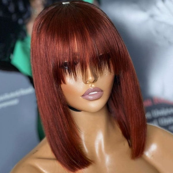 Klaiyi Hair Reddish Brown Blunt Cut Bob Wig With Bangs Lace Part Wigs