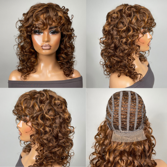 Klaiyi Hair Brown Highlight Wolf Cut Bob Wigs With Bangs Air Wig Breathable Wig Flash Sale