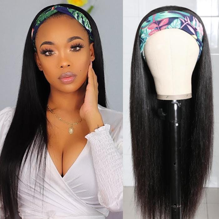 Klaiyi Straight Human Hair Wigs With Headbands Attached Non Lace Front Wigs Black Color 150% Density