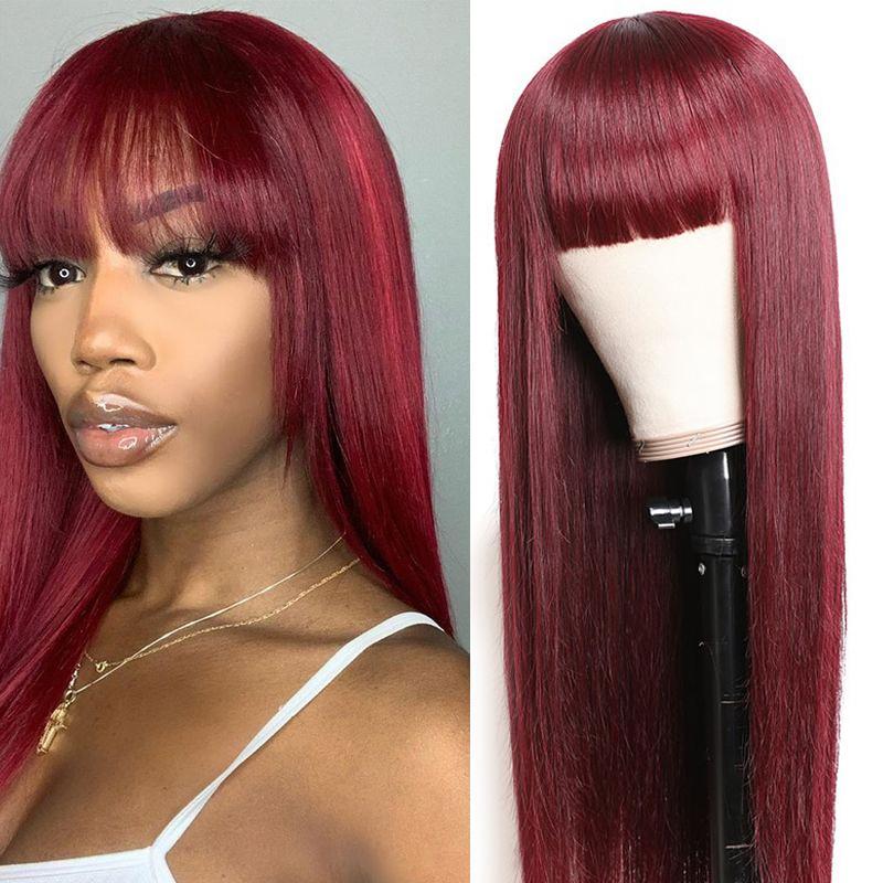 Klaiyi 99j Burgundy Color Straight Wigs With Bangs For Women 100% Virgin Human Hair Wigs