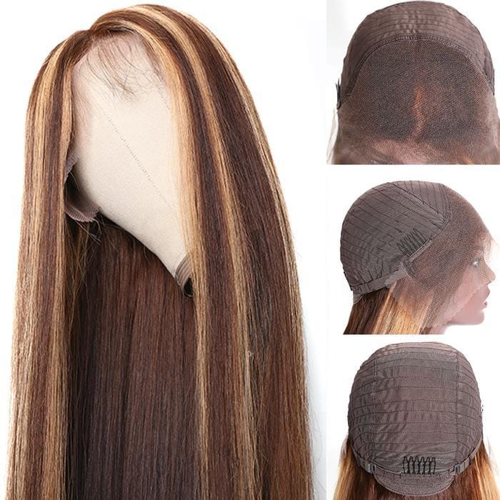 Klaiyi Honey Blonde Highlight Color Straight Hair Lace Front Wigs with Baby Hair Human Hair Wigs