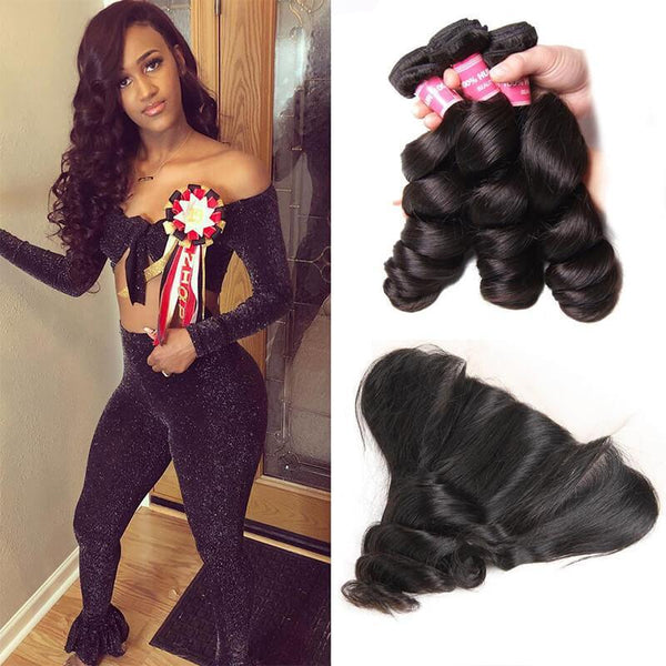 Brazilian Loose Wave  3 Bundles with 13*4 Ear to Ear Lace Frontal Closure-Klaiyi Hair