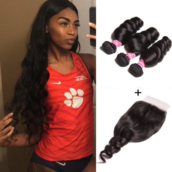 Klaiyi Malaysian Loose Wave 3 Bundles with 4*4 Lace Closure Deals