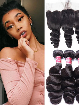 Brazilian Loose Wave  3 Bundles with 13*4 Ear to Ear Lace Frontal Closure-Klaiyi Hair