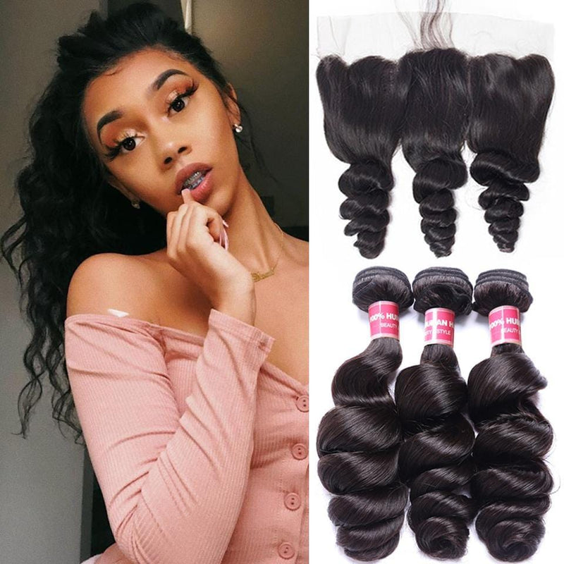 Brazilian Loose Wave  3 Bundles with 13*4 Ear to Ear Lace Frontal Closure-Klaiyi Hair