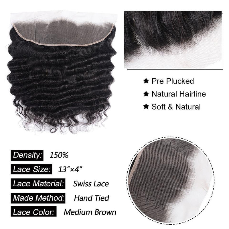 Klaiyi Hair Loose Deep Wave Frontal Closure 13x4 Lace Frontal Pre Plucked 150% Density