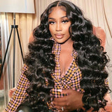 Klaiyi Best Loose Wave 13x4 Lace Front Human Hair Wigs Big Heatless Curls Hairstyle 150% Density