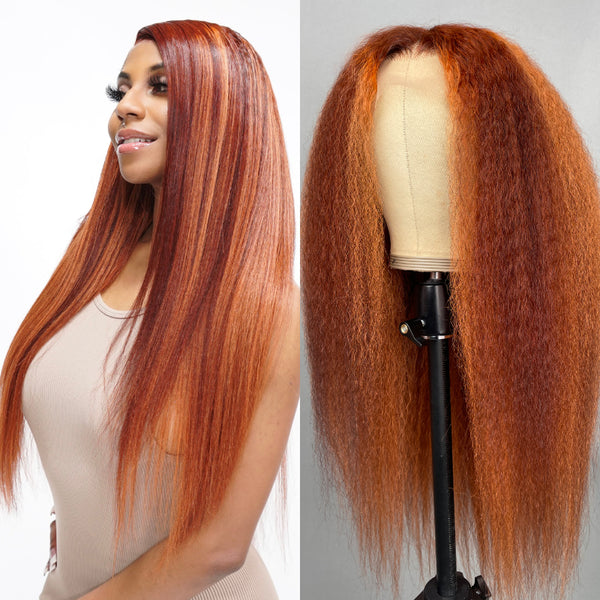 Klaiyi Ombre Ginger Highlights Kinky Straight Lace Frontal Wig Human Hair