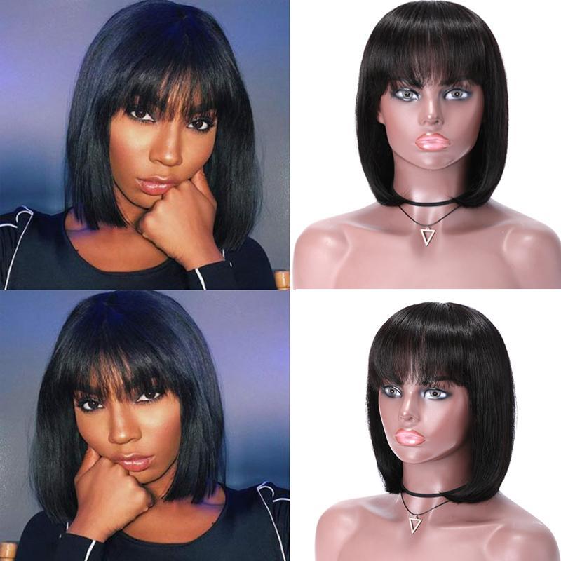 Klaiyi Human Hair Wigs With Bangs Full Machine Made Wig  Human Hair Wigs Natural Color