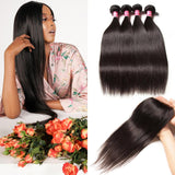 Malaysian Straight Hair 4 Bundles with Lace Closure, No Shedding and Tangle Free -Klaiyi Hair