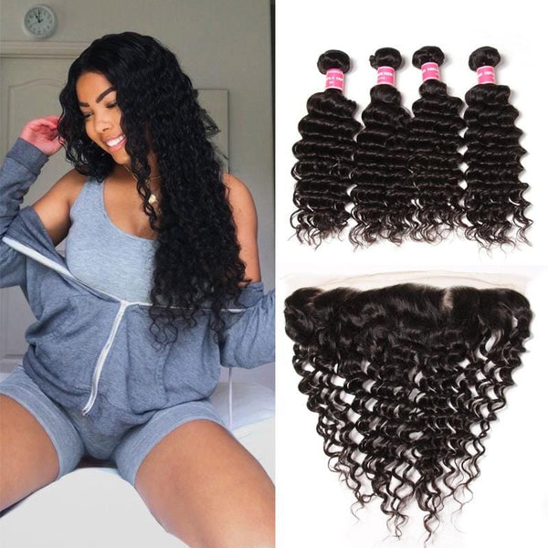 Klaiyi Malaysian Deep Wave 4 Bundles with Lace Frontal Closure