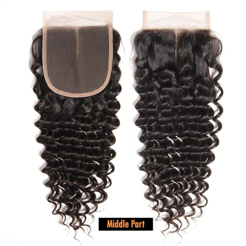 Klaiyi Hair Deep Curly Wave 3 Bundles with 4x4 Swiss Lace Closure 100% Virgin Human Hair