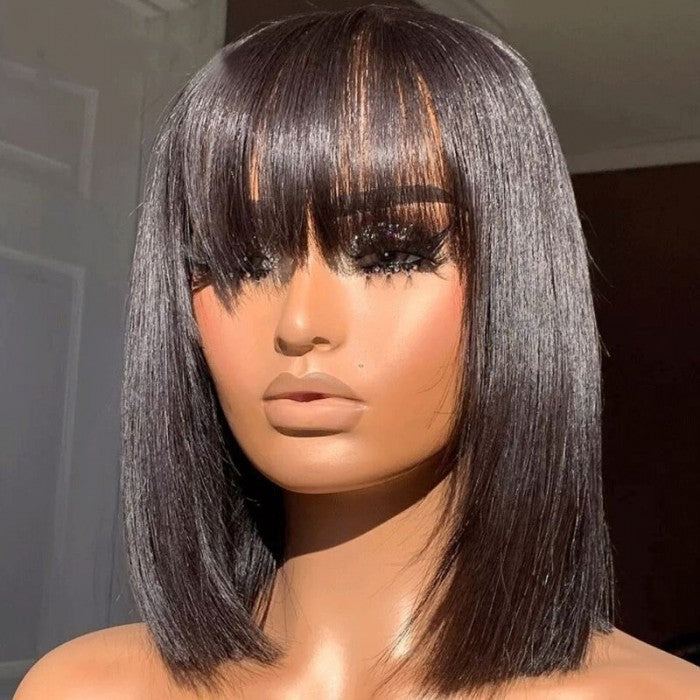 Klaiyi 4x0.75 Lace Front Bob Wig With Bang Human Hair