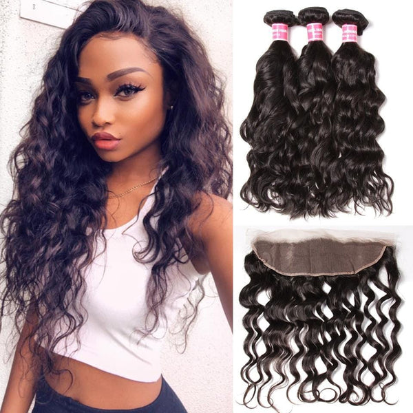 Klaiyi 8A Brazilian Natural Wave 3 Bundles with Lace Frontal Human Virgin Hair Extension