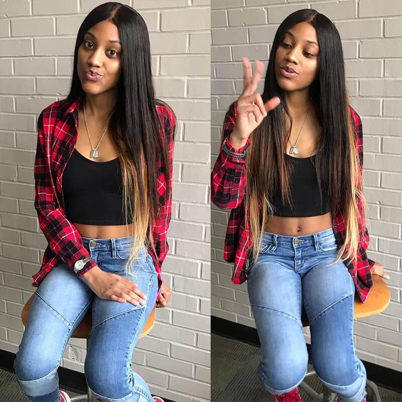 Klaiyi Ombre Hair T1b/4/27 Straight Human Hair 3 Bundles with Lace Closure