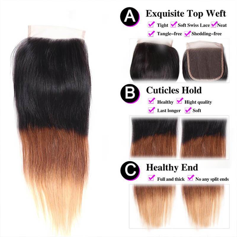 Klaiyi Ombre Hair T1b/4/27 Straight Human Hair 3 Bundles with Lace Closure