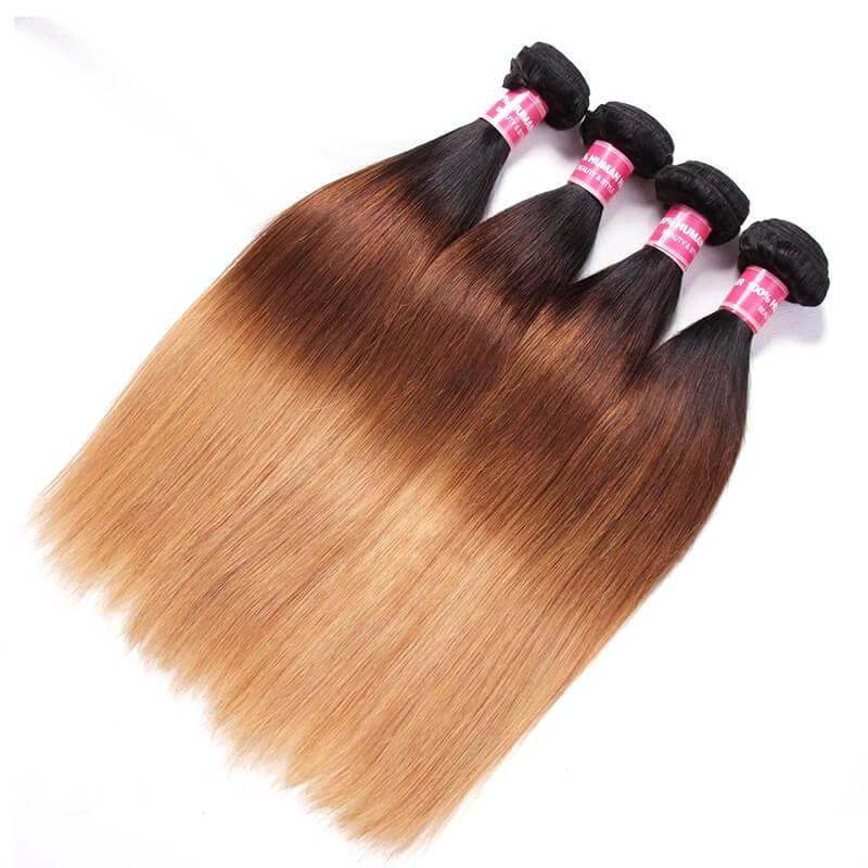 Klaiyi Ombre Hair T1b/4/27 Straight Human Hair 3 Bundles with Lace Closure