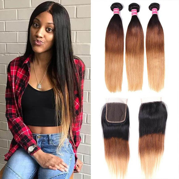 Klaiyi Ombre Hair T1b/4/27 Straight Human Hair 3 Bundles with Lace Closure