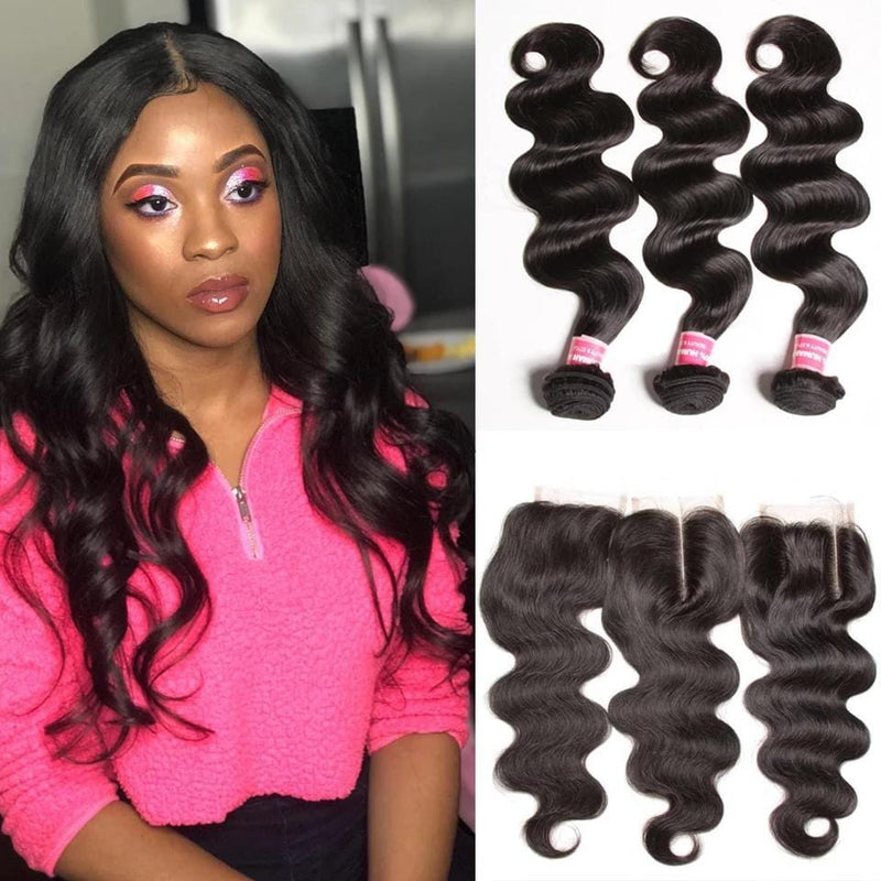 Klaiyi Peruvian Body Wave Lace Closure With 3pcs Human Virgin Hair Weave