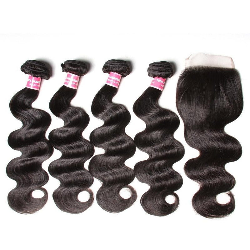 Klaiyi Peruvian Virgin Body Wave 4 Pcs with Lace Closure, 7a Grade Virgin Human Hair Weave Extensions