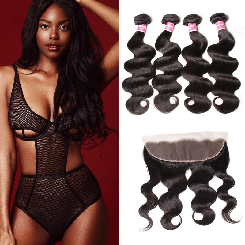 Klaiyi Peruvian Body Wave Virgin Hair 4 Bundles with Frontal Closure Natural Color