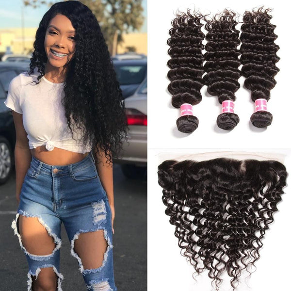 Peruvian Virgin Deep Wave Curly Hair 3 Bundles with Ear to Ear 13*4 Lace Frontal Closure Deals-Klaiyi Hair