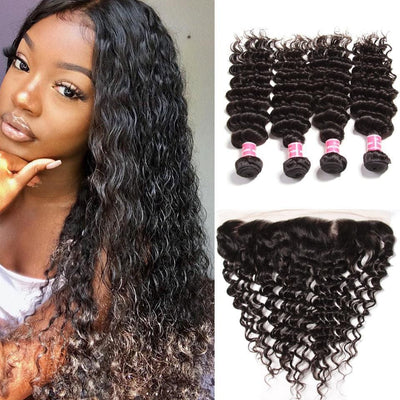 Klaiyi Peruvian Deep Wave 4 Bundles with 13*4 Lace Frontal Closure