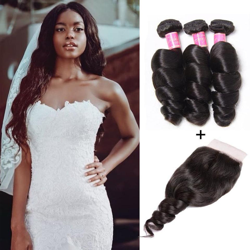 Klaiyi Peruvian Loose Wave 3 Bundles with 4*4 Lace Closure Deals