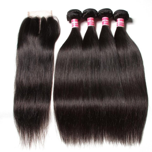 Peruvian Straight Hair 4 Bundles with Lace Closure Deals-Klaiyi Hair