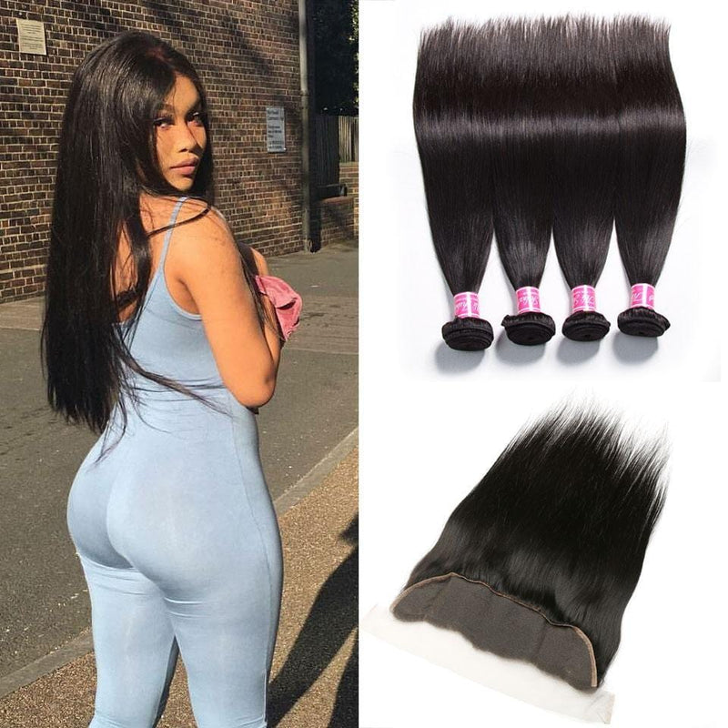 Peruvian Straight Hair 4 Bundles with Lace Frontal Closure Deals- Klaiyi Hair