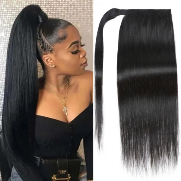 Klaiyi Kinky Straight Ponytail Clip in Hair Extensions Wrap Around Ponytail Braids Natural Black Color