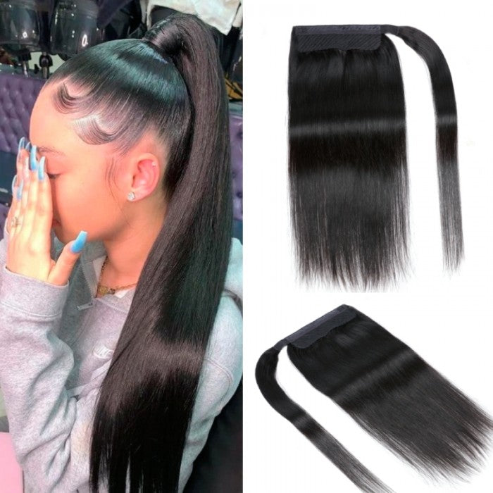 Klaiyi Kinky Straight Ponytail Clip in Hair Extensions Wrap Around Ponytail Braids Natural Black Color