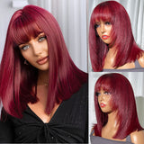 Klaiy Burgundy Bob Wig bangs with layers Human Hair Lace Front Wig