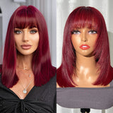 Klaiy Burgundy Bob Wig bangs with layers Human Hair Lace Front Wig