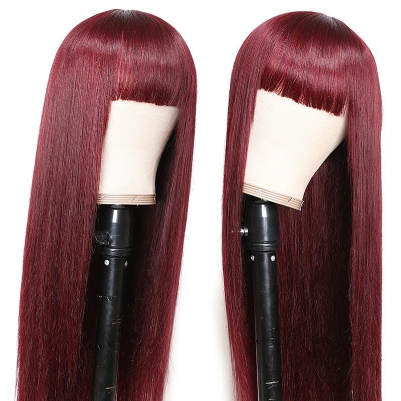 Klaiyi 99j Burgundy Color Straight Wigs With Bangs For Women 100% Virgin Human Hair Wigs