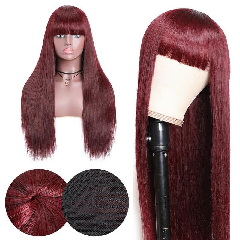 Klaiyi 99j Burgundy Color Straight Wigs With Bangs For Women 100% Virgin Human Hair Wigs