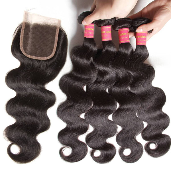 Klaiyi Brazilian Body Wave 4 Bundles With 4*4 Lace Closure Human Virgin Hair Extension